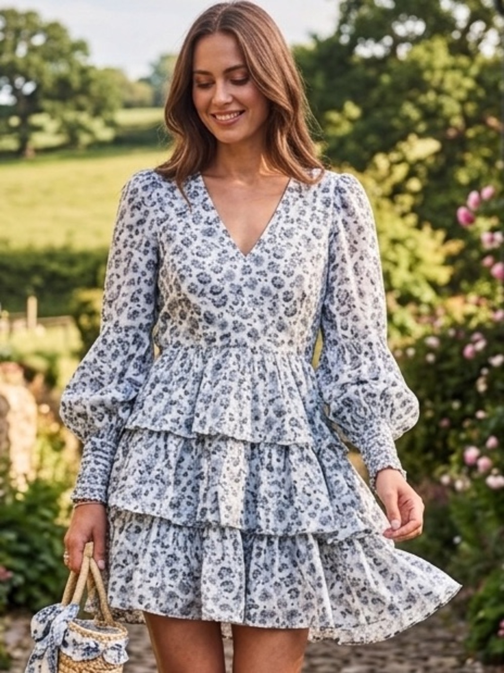 LoveShackFancy Kerielle Tiered Cotton Floral Mini Dress Blue White Boho Size 0